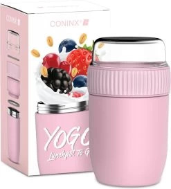 Coninx Thermos Lunchbox - Muesli Beker To Go - Isoleer Lunchpot - Yoghurtbeker To Go - Mueslibeker 840ml (600ml+240ml) - RVS / Roze -Kruideniers Winkel 1086x1200 3