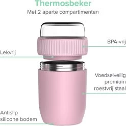Coninx Thermos Lunchbox - Muesli Beker To Go - Isoleer Lunchpot - Yoghurtbeker To Go - Mueslibeker 840ml (600ml+240ml) - RVS / Roze -Kruideniers Winkel 1195x1200 9