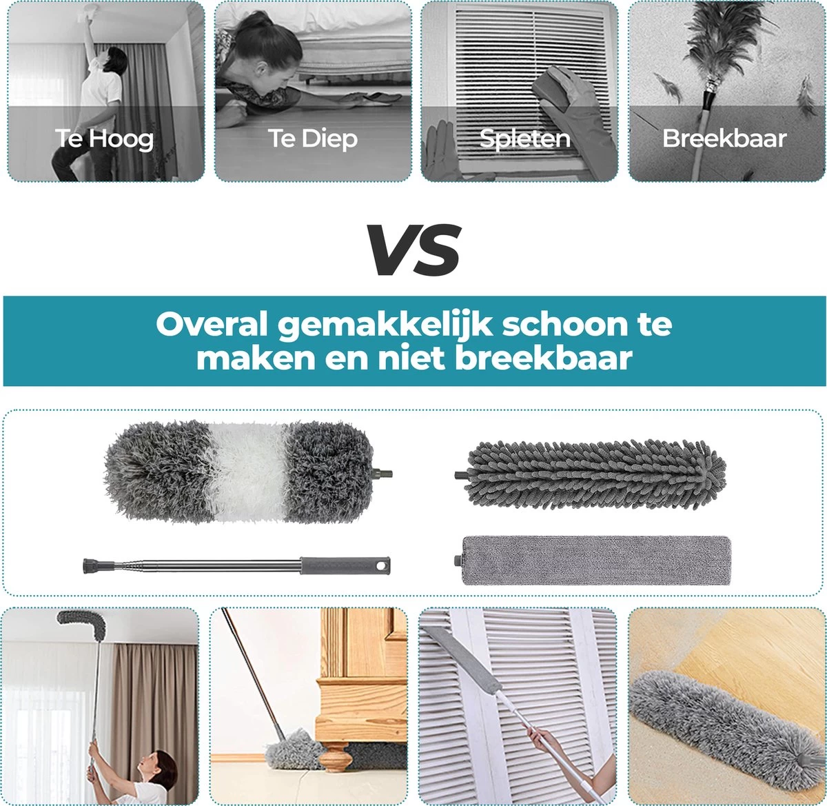 Novabeau® - Telescopische Plumeau – Plumeau Met Telescoopsteel – Ragebol – Uitschuifbaar – Grijs – 3-delige Set 5 Novabeau® - Telescopische Plumeau – Plumeau Met Telescoopsteel – Ragebol – Uitschuifbaar – Grijs – 3-delige Set - Afbeelding 3