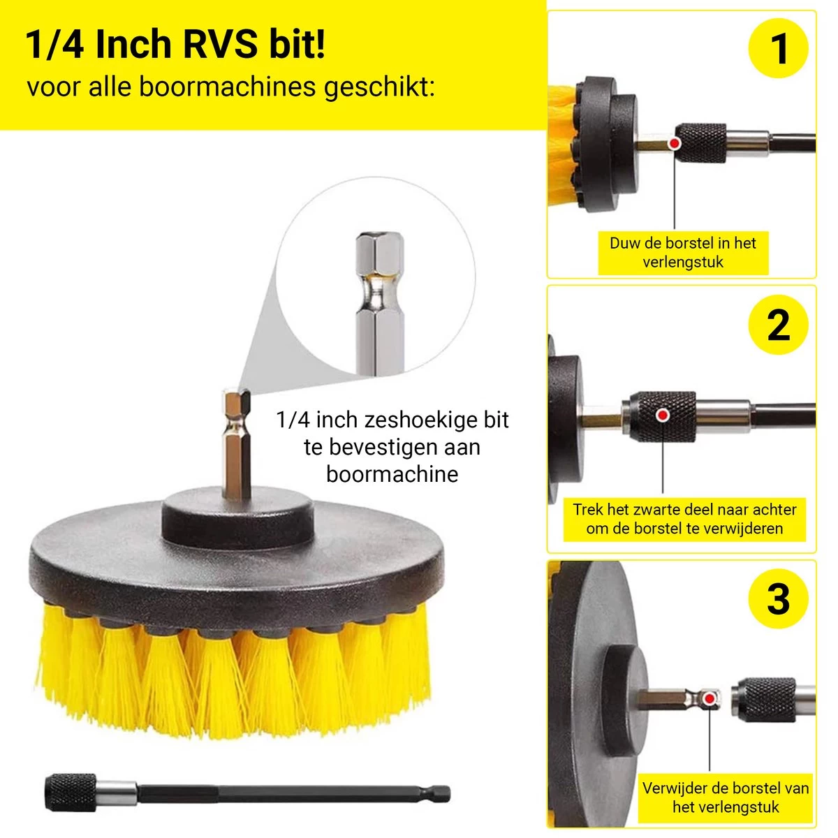 Merkloos 4-delige Borstelset Voor Boormachine - Inclusief Verlengstuk - Opzetborstels - Schrobborstel - Schuurborstel - Schoonmaakborstel - Tapijtreiniger - Brush - Geel - Gratis Verzending 9 Merkloos 4-delige Borstelset Voor Boormachine - Inclusief Verlengstuk - Opzetborstels - Schrobborstel - Schuurborstel - Schoonmaakborstel - Tapijtreiniger - Brush - Geel - Gratis Verzending - Afbeelding 7