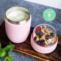 Coninx Thermos Lunchbox - Muesli Beker To Go - Isoleer Lunchpot - Yoghurtbeker To Go - Mueslibeker 840ml (600ml+240ml) - RVS / Roze -Kruideniers Winkel 1200x1200 1693