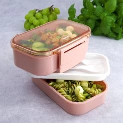 Homra Lunchbox STAQS Pink - Bento Box - 2 Laags Broodtrommel - 3 Compartimenten - Roze - Lunch To Go - Duurzaam Kunststof - BPA Vrij - 3 Vaks Lunchtrommel Voor Volwassenen - Inclusief Bestek - Magnetron, Diepvries, Vaatwasser Bestendig - Vers Houden -Kruideniers Winkel 1200x1200 1753