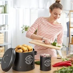 Professionele Bewaardozen - Set Van 3 - Voor Aardappels, Uien En Knoflook - Retro Design - Voorraadcontainer Van Metaal - Keukenopslag - Groentes Bewaren Voor Lange Tijd - Perfect Cadeau Voor In De Keuken -Kruideniers Winkel 1200x1200 1805