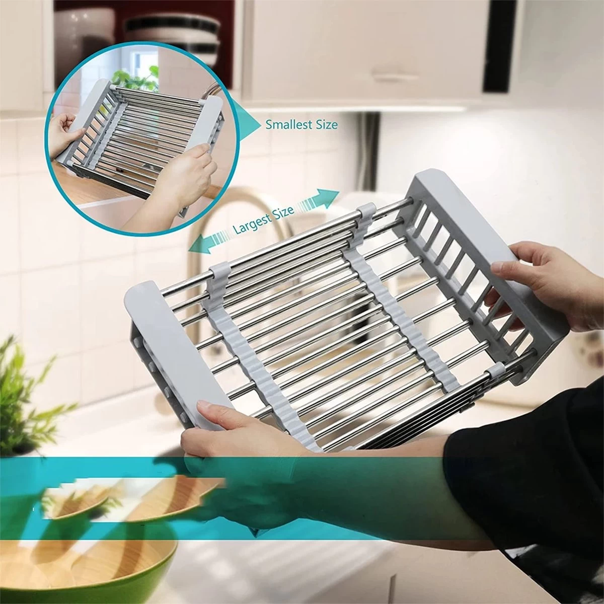 IBright Verstelbare Keukenrek - Gootsteen Mand - Afdruiprek – Vergiet – Verstelbaar In Lengte - Uitschuifbaar - RVS Grijs 4 IBright Verstelbare Keukenrek - Gootsteen Mand - Afdruiprek – Vergiet – Verstelbaar In Lengte - Uitschuifbaar - RVS Grijs - Afbeelding 2