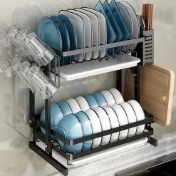 TammaT - Afdruiprek Met Lekbak 2 Laags – Inklapbaar - Afwasrek – Met 2 Lekbakken – Extra Accessories Voor Servies En Snijplanken - RVS - 38x35x26,5cm -Kruideniers Winkel 1200x1200 798