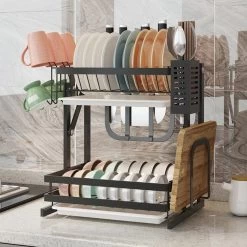 TammaT - Afdruiprek Met Lekbak 2 Laags – Inklapbaar - Afwasrek – Met 2 Lekbakken – Extra Accessories Voor Servies En Snijplanken - RVS - 38x35x26,5cm -Kruideniers Winkel 1200x1200 799