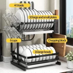 TammaT - Afdruiprek Met Lekbak 2 Laags – Inklapbaar - Afwasrek – Met 2 Lekbakken – Extra Accessories Voor Servies En Snijplanken - RVS - 38x35x26,5cm -Kruideniers Winkel 1200x1200 801