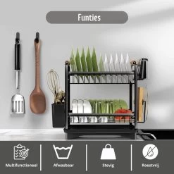 Afdruiprek - Zwart/ Met Flexibele Water Afvoer/ Borden, Pannen Bestek/ RVS/ Lichtgewicht/ Lekbak/ Luxe Uitvoering -Kruideniers Winkel 1200x1200 805