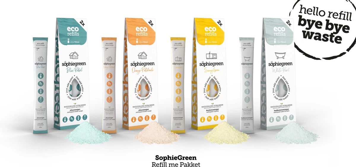 SophieGreen Eco-Refill Pakket; Allesreiniger Blue Rebel En Orange Patchouli, +Keukenreiniger + Badkamerreiniger (4x2 Navulling= 8 X750ml) 3 SophieGreen Eco-Refill Pakket; Allesreiniger Blue Rebel En Orange Patchouli, +Keukenreiniger + Badkamerreiniger (4x2 Navulling= 8 X750ml)