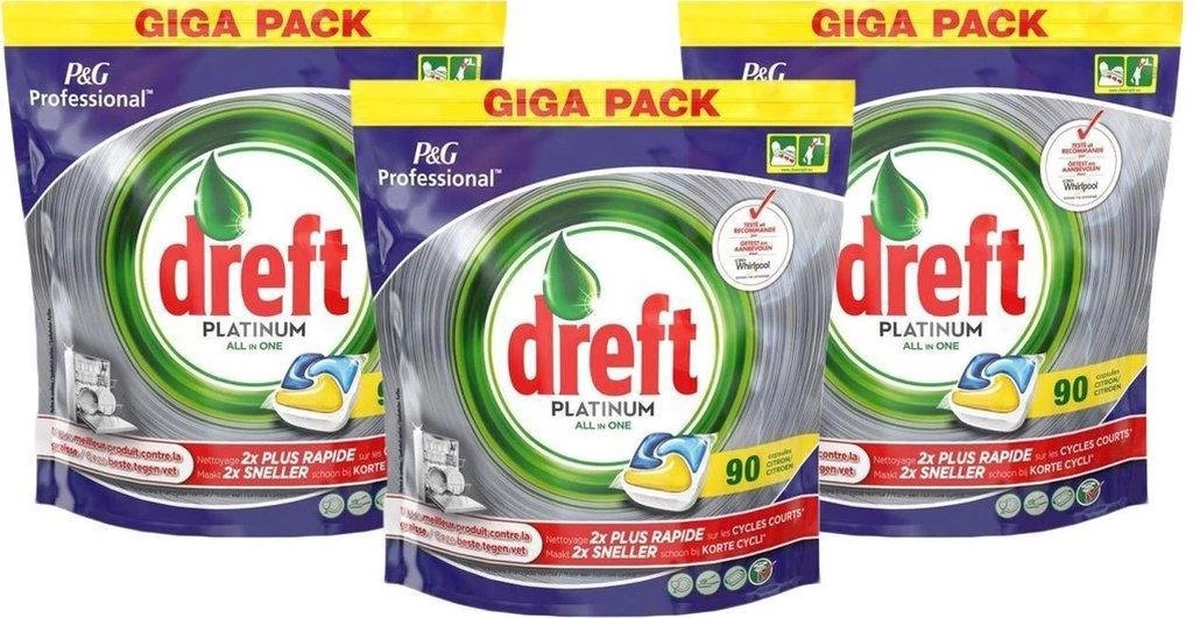 Dreft Platinum - All In One Lemon Voordeeldeal 270 Vaatwastabletten / Jaardoos / Megadeal / Voordeeldoos 3 Dreft Platinum - All In One Lemon Voordeeldeal 270 Vaatwastabletten / Jaardoos / Megadeal / Voordeeldoos