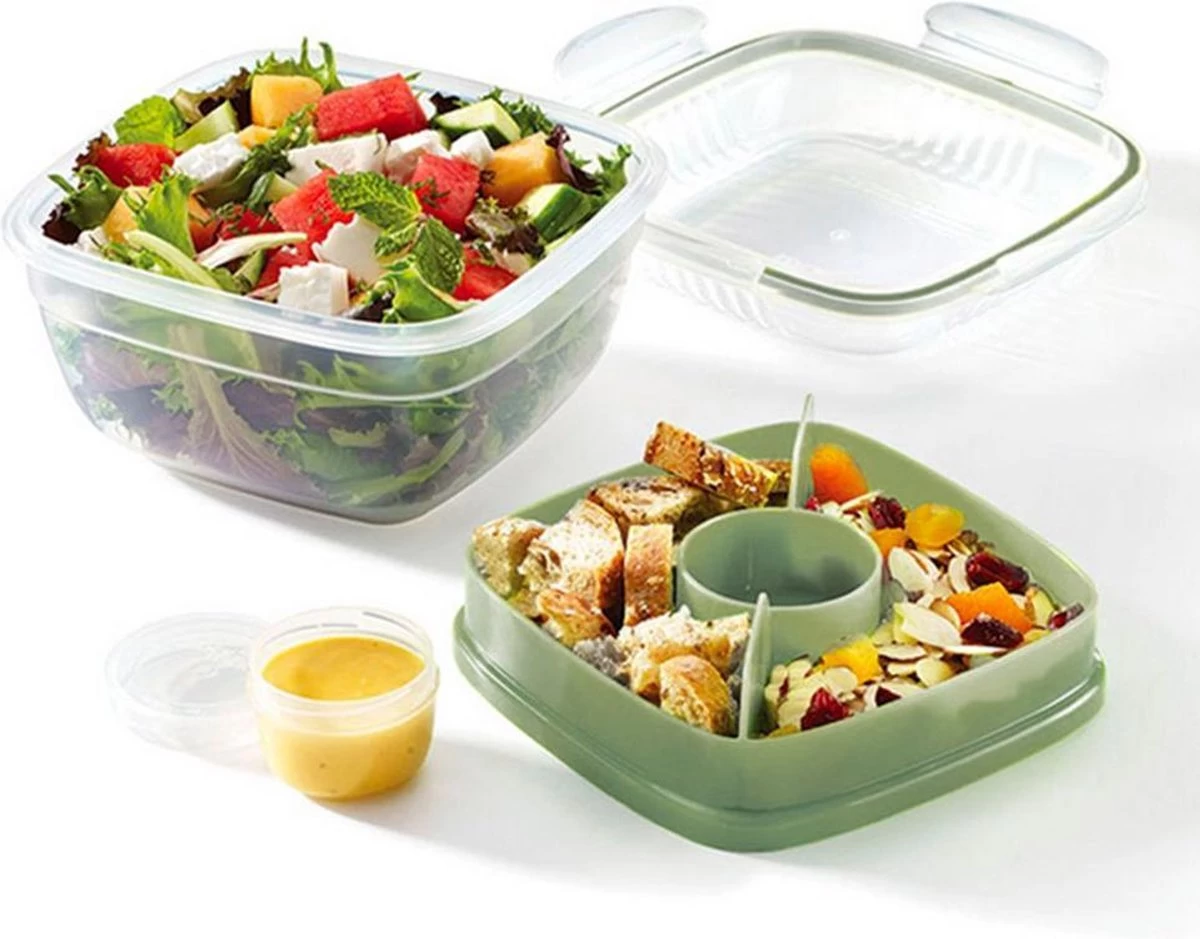 Lock&Lock Saladebox - Salade Lunchbox To Go - Salade To Go - 950 Ml - Lekvrij - Met Verdeelvakjes - Groen 5 Lock&Lock Saladebox - Salade Lunchbox To Go - Salade To Go - 950 Ml - Lekvrij - Met Verdeelvakjes - Groen - Afbeelding 3