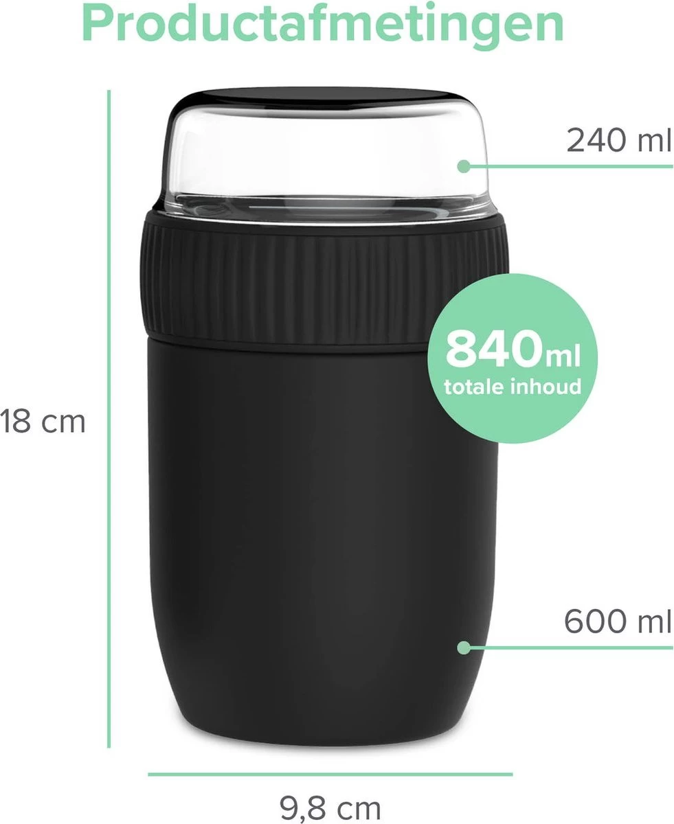 Coninx Thermos Lunchbox - Muesli Beker To Go - Isoleer Lunchpot - Yoghurtbeker To Go - Mueslibeker 840ml (600ml+240ml) - RVS / Zwart 4 Coninx Thermos Lunchbox - Muesli Beker To Go - Isoleer Lunchpot - Yoghurtbeker To Go - Mueslibeker 840ml (600ml+240ml) - RVS / Zwart - Afbeelding 2